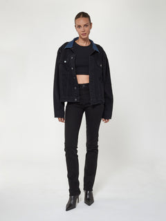 Puffer Jacket w/Denim Collar in Black Indigo