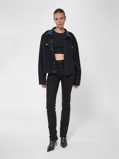 Puffer Jacket w/Denim Collar in Black Indigo